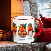Glühweintasse Im Winter, Kaffeetasse Zu Weihnachten, Gesellige Wintervögel, Geschenktipp Weihnachtsdeko, 3 Rotkehlchen, No von UPdesignShopping