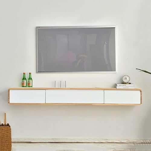 TV-Ständer aus Massivholz, Wandmontage, modern, schwimmend, für Fernseher bis 177,8 cm, Unterhaltungszentrum, Medienkonsole mit zwei Schubladen für Wohnzimmer, Schlafzimmer, Natur + Weiß, 140 cm TV-Ständer aus Massivholz, Wandmontage, modern, schwimmend, für Fernseher bis 177,8 cm, Unterhaltungszentrum, Medienkonsole mit zwei Schubladen für Wohnzimmer, Schlafzimmer, Natur + Weiß, 140 cm von UQACHG