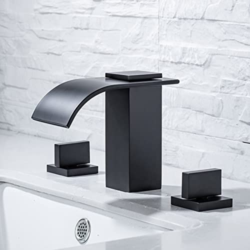 UQACHG 3-Loch-Armaturen für Badezimmer, Waschtischmischer, Wasserfall, heißes und kaltes Wasser, Messing, Badezimmer-Mischbatterie, Schwarz, Nero von UQACHG
