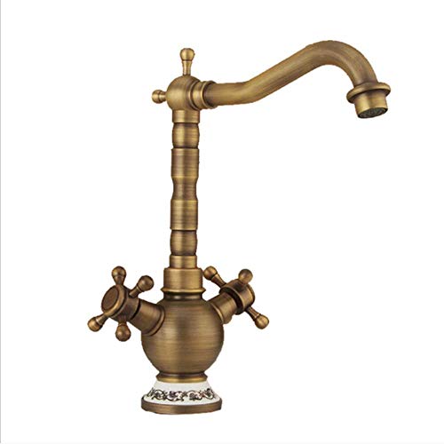 UQACHG Antiker Wasserhahn für Badezimmer, Küche, Kupfer, Doppelgriff, Einzelloch, drehbar, Waschbecken, Wasserspüle, Warm- und Kaltwassermischer, von UQACHG