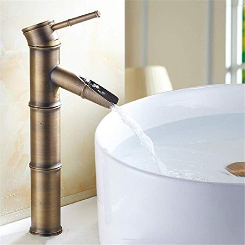 UQACHG Badezimmer-Wasserhahn aus antikem Messing, Wasserfall-Auslauf, Retro-Bambus-Höhe, Waschbecken, Einhebel, heißes und kaltes Wasser, Mischung, Badezimmer-Wasserhahn, von UQACHG