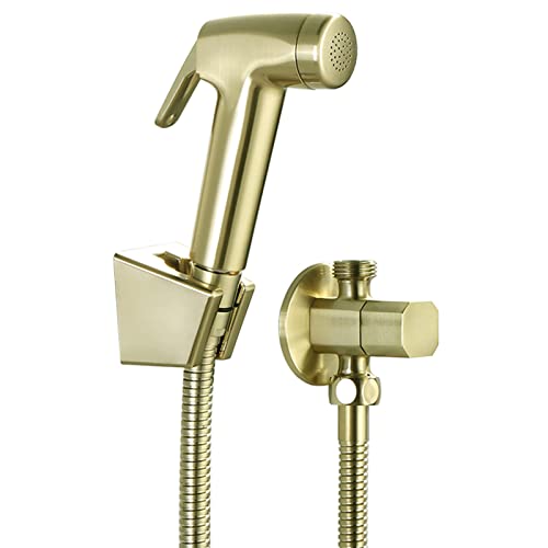 UQACHG Hand-WC-Bidet-Sprühgerät, gebürstetes Gold, Wandmontage, einzelner Kalt-Bidet-Wasserhahn für persönliche Hygiene, Kunststoff-Dusch-Set mit massivem Messing-Winkelventil, Set B von UQACHG