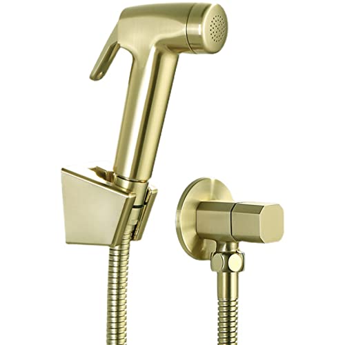 UQACHG Hand-WC-Bidet-Sprühgerät, gebürstetes Gold, Wandmontage, einzelner Kalt-Bidet-Wasserhahn für persönliche Hygiene, Kunststoff-Dusch-Set mit massivem Messing-Winkelventil, Set a von UQACHG
