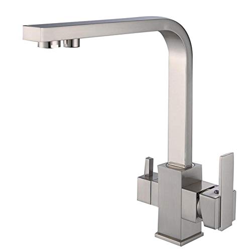 UQACHG Küchenarmatur, 3-in-1, Messing, 360 ° drehbar, reines Wasser, heiß und kalt, Doppelgriff-Armaturen für Küchenspülen, Chrom, Cromo von UQACHG