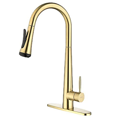 UQACHG Küchenarmatur mit herausziehbarem Sprüher, 360° drehbar, hoher Bogen, 4 Funktionen, Sprühkopf, Küchenspüle, Einhebel-Edelstahl, heiß und kalt, Mischbatterie, Gold von UQACHG
