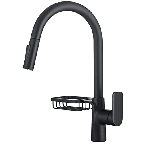 UQACHG Küchenarmatur mit herausziehbarem Sprühkopf, hoher Bogen, Einhandgriff, ausziehbare Küchenspüle, Wasserhahn mit Ablage, Deckmontage, Messing, Warm- und Kaltwasser-Mischbatterie, Grau, Schwarz von UQACHG