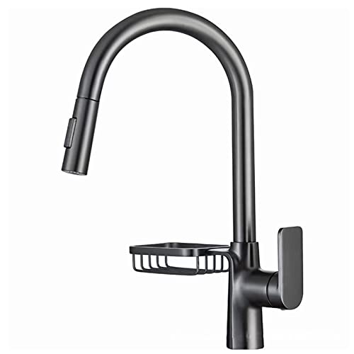 UQACHG Küchenarmatur mit herausziehbarem Sprühkopf, hoher Bogen, Einhandgriff, ausziehbare Küchenspüle, Wasserhahn mit Ablage, Deckmontage, Messing, Warm- und Kaltwasser-Mischbatterie, Grau, Grau von UQACHG