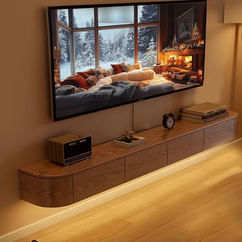 UQACHG Schwebender TV-Ständer aus Massivholz, wandmontierter TV-Schrank, schwebende TV-Regale mit Tür und Schubladen, moderne Unterhaltungs-Medienkonsole, Walnuss mit Licht, 220 cm von UQACHG