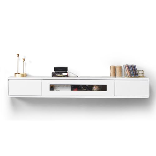 UQACHG TV-Ständer, wandmontierte TV-Konsolen, Unterhaltungszentrum, komplett aus Massivholz, mit Glastüren, TV-Ständer für Wohnzimmer, Schlafzimmer, Weiß, 140 cm von UQACHG
