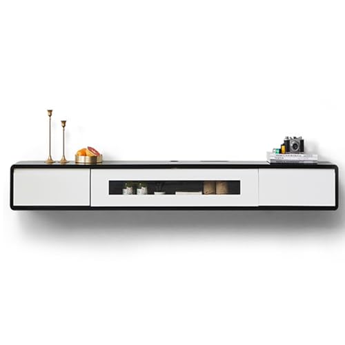 UQACHG TV-Ständer, wandmontierte TV-Konsolen, Unterhaltungszentrum, komplett aus Massivholz, mit Glastüren, TV-Ständer für Wohnzimmer, Schlafzimmer, Weiß + Schwarz, 140 cm von UQACHG