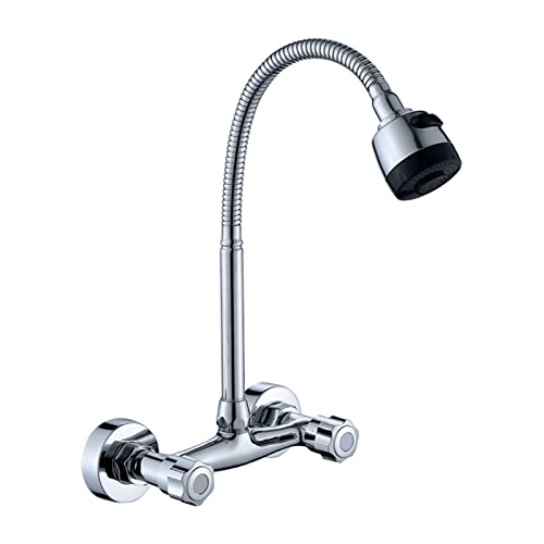 UQACHG Wandmontierte Küchenarmatur, Messing, Chrom, Doppelgriff, Doppelloch, Kalt- und Warmwasser-Mischbatterie, Waschtischarmaturen, 3 von UQACHG