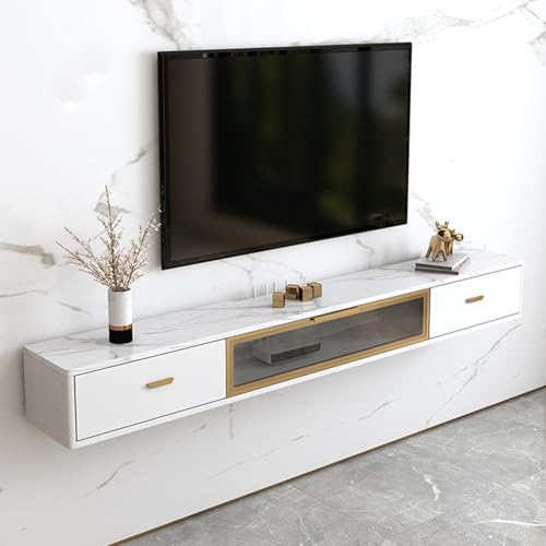 UQACHG Wandmontierter TV-Schrank, schwimmender TV-Ständer, mit nach unten gerichteter Glastür, Unterhaltungszentrum, TV-Konsole mit Stauraum, Wohnzimmermöbel, Weiß, 150 x 18 cm von UQACHG