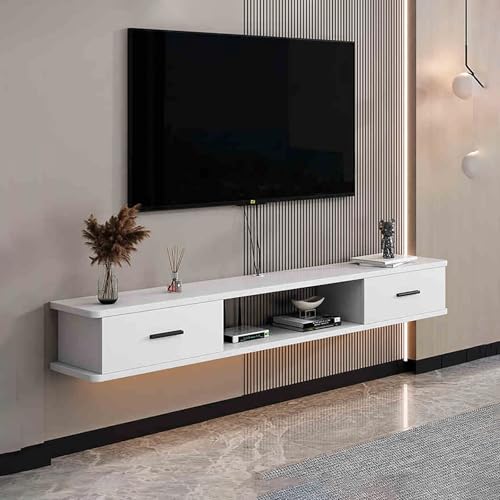 UQACHG Wandmontierter TV-Schrank unter dem Fernseher, schwebender Schrank, Massivholz, TV-Schrank mit Schubladen, TV-Konsolentisch mit offenem Ablagefach für Zuhause und Büro, Weiß, 160 x 22 x 20 cm von UQACHG