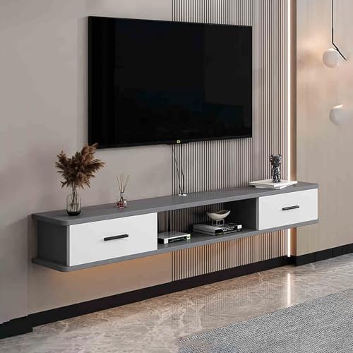 UQACHG Wandmontierter TV-Schrank unter dem Fernseher, schwebender Schrank, Massivholz, TV-Schrank mit Schubladen, TV-Konsolentisch mit offenem Ablagefach für Zuhause und Büro, Wohnen, Grau-Weiß, 140 x von UQACHG