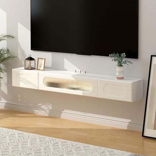 UQACHG Wandmontierter TV-Ständer mit Stauraum, schwebender TV-Schrank aus Massivholz, moderne Medienkonsole mit Drahtloch für Wohnzimmer, Schlafzimmer, für 81,3 - 199,5 cm große Fernseher, Weiß-A-L von UQACHG
