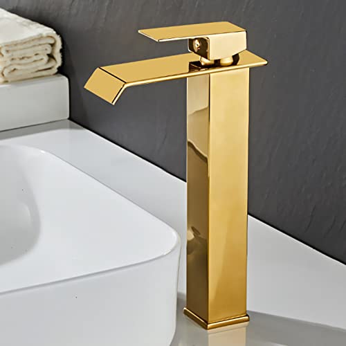 UQACHG Wasserfall-Badezimmerarmatur, goldfarben, Edelstahl, Waschtischarmatur für Waschbecken, Einhandmischbatterie für heißes und kaltes Wasser, kurz, goldfarben von UQACHG