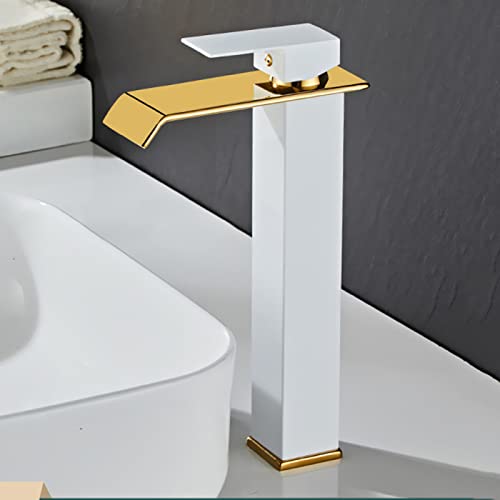 UQACHG Wasserfall-Badezimmerarmatur, goldfarben, Edelstahl, Waschtischarmatur für Waschbecken, Einhandmischbatterie für heißes und kaltes Wasser, kurz, platinhoch von UQACHG