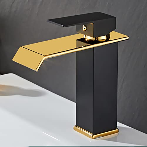 Wasserfall Badezimmer Wasserhahn Gold Edelstahl Waschtischarmatur für Badezimmer Waschbecken Einhebel-Waschtischarmatur für heißes und kaltes Wasser, kurz, Nero-Hoch Wasserfall Badezimmer Wasserhahn Gold Edelstahl Waschtischarmatur für Badezimmer Waschbecken Einhebel-Waschtischarmatur für heißes und kaltes Wasser, kurz, Nero-Hoch von UQACHG
