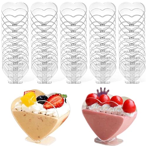 UQMIQURA 50 Stück Kunststoff Dessert Becher, 80ml Herzförmige Dessertbecher, Wiederverwendbare Servierschüssel, Transparenter Parfait Vorspeisen Becher für Zuhause Desserts Pudding Mousse Eis Party von UQMIQURA