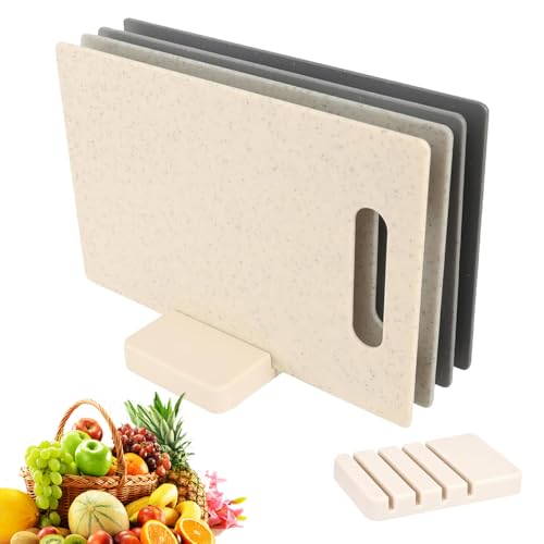 UQTUKO Schneidebrett Kunststoff, 4 Stück frühstücksbrettchen kunststoff mit Griffe und Aufbewahrungsständer Rutschfeste Küchenbretter Set Schneidebrett Spülmaschinenfest, 28x18.5 cm von UQTUKO