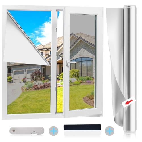 Spiegelfolie Fenster Sichtschutz Silber Fensterfolie von innen durchsichtig von aussen Blickdicht UV-Schutz Sonnenschutz Fenster oder außen Selbstklebend Hitzeschutz für Büro Wohnzimmer 44.5x400cm von UQXSTAR