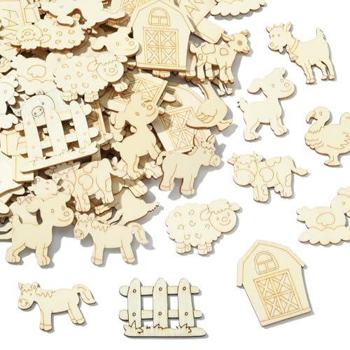 UR URLIFEHALL 100 Stück zufällige Holz-Tierwelt-Ornamente, unlackiert, blanko, Schwein, Kuh, Schaf, Holzausschnitte für DIY, Malerei, Handwerk, Kunstprojekte, Dekoration von UR URLIFEHALL