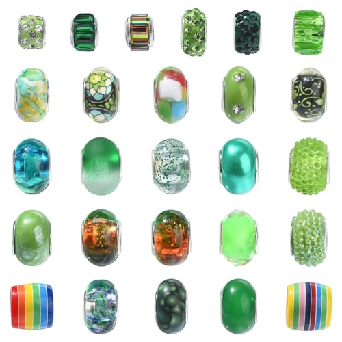 UR URLIFEHALL 54 Stück grüne Acrylharz-Perlen mit großem Loch und silbernem Kern Strass Murano-Charms Perlen für DIY-Schmuckherstellung von UR URLIFEHALL
