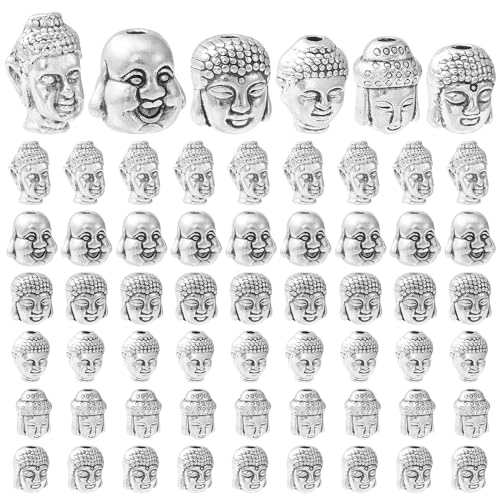 UR URLIFEHALL 60 Stück Tibetische Silber Buddha-Kopf-Abstandsperlen 6 Stile Vintage Buddhistische Spirituelle Lose Perlen für Schmuckherstellung Haardekoration von UR URLIFEHALL
