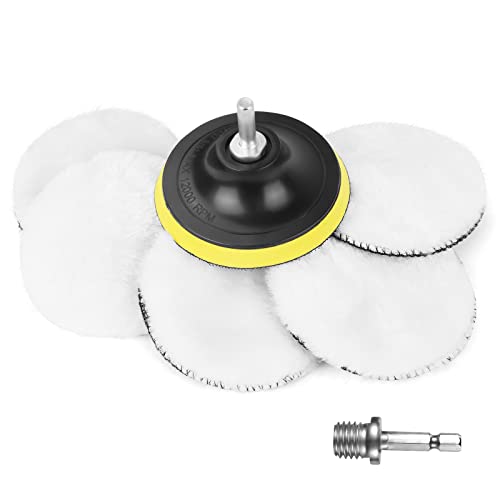 URAQT Auto Polierhaube,5 Stück ø 100mm Polierpads Wolle Polierteller Set Wollpuffer Polierhauben Mit Einem 6 Winkel Griff Polierfell Pad Polierhaube Polierschwamm Für M10 M14 Bohrer Adapter von URAQT