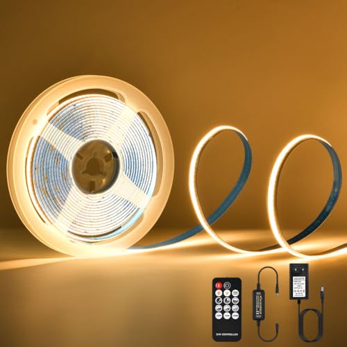 URAQT COB LED Streifen,3000K LED Strip Warmweiss 5M Dimmbarer DC 24V Flexibles LED Band Selbstklebend Wasserdicht DIY Superhelle COB LED Beleuchtung mit Fernbedienung und Netzteil 8 mm Breite CRI > 90 URAQT COB LED Streifen,3000K LED Strip Warmweiss 5M Dimmbarer DC 24V Flexibles LED Band Selbstklebend Wasserdicht DIY Superhelle COB LED Beleuchtung mit Fernbedienung und Netzteil 8 mm Breite CRI > 90 von URAQT