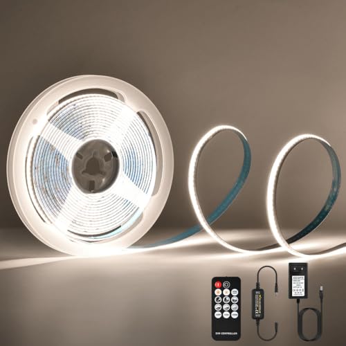 URAQT COB LED Streifen,4000K LED Strip Warmweiss 5M Dimmbarer DC 24V Flexibles LED Band Selbstklebend Wasserdicht DIY Superhelle COB LED Beleuchtung mit Fernbedienung und Netzteil 8 mm Breite CRI > 90 URAQT COB LED Streifen,4000K LED Strip Warmweiss 5M Dimmbarer DC 24V Flexibles LED Band Selbstklebend Wasserdicht DIY Superhelle COB LED Beleuchtung mit Fernbedienung und Netzteil 8 mm Breite CRI > 90 von URAQT