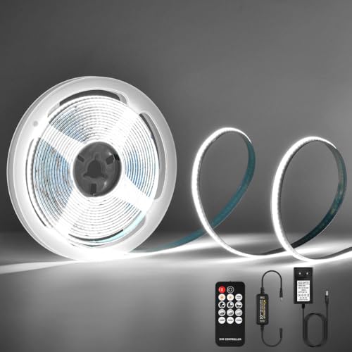 URAQT COB LED Streifen,6000K LED Strip Warmweiss 5M Dimmbarer DC 24V Flexibles LED Band Selbstklebend Wasserdicht DIY Superhelle COB LED Beleuchtung mit Fernbedienung und Netzteil 8 mm Breite CRI > 90 von URAQT