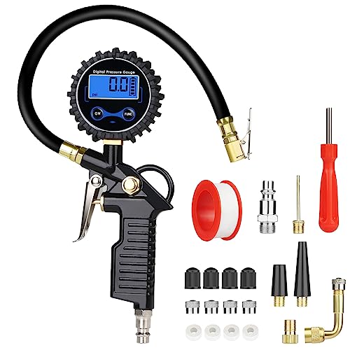 URAQT Digitaler Luftdruckprüfer, 220PSI Multifunktional Reifenfüller Digitaler Reifendruckmesser mit 20 Stück Zubehör Reifenfüll Messgerät Reifenfüller Reifendruckprüfer Luftdruckprüfer von URAQT