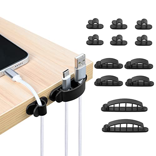 URAQT Kabelclips Kabelhalter, 12 Stück Vielzwecke Kabelführung Kabel Organizer Set für Schreibtisch, Netzkabel, USB Ladekabel, Ladegeräte, Audiokabel, Schwarz von URAQT