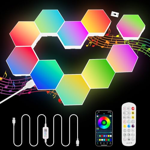 URAQT LED Sechseck Gaming Wandleuchte, 10 Stück Hexagon LED Panel RGB Smart LED Sechseck Wand panel App Steuerung Musik Sync Wandbeleuchtung Smart Sechseckige Gamer Room Deko Modular Lampe URAQT LED Sechseck Gaming Wandleuchte, 10 Stück Hexagon LED Panel RGB Smart LED Sechseck Wand panel App Steuerung Musik Sync Wandbeleuchtung Smart Sechseckige Gamer Room Deko Modular Lampe von URAQT