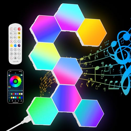 URAQT LED Sechseck Gaming Wandleuchte, 8 Stück Hexagon LED Panel RGB Smart LED Sechseck Wand panel App Steuerung Musik Sync Wandbeleuchtung Smart Sechseckige Gamer Room Deko Modular Lampe von URAQT