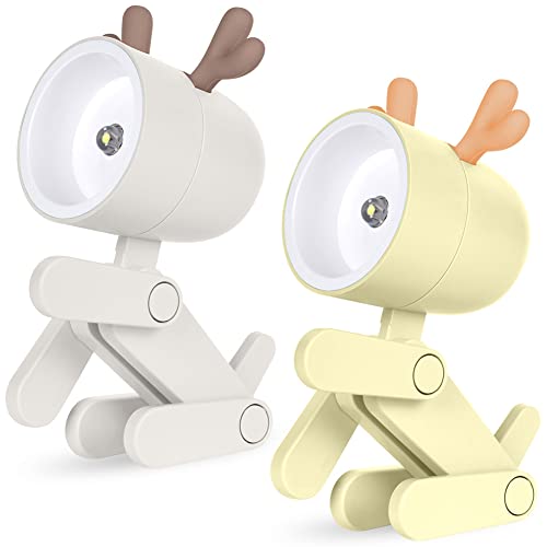 URAQT Mini Nachtlicht,2 Stück Cute Led Hirsch Nachtlicht Kinder Lampe Schreibtischlampe Tragbar Verstellbares Nachtlicht Cartoon Mini Nachtlicht für Kinder Studenten Geschenk- (Hirsch/Beige+Gelb) von URAQT