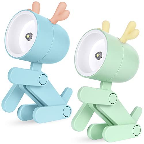 URAQT Mini Nachtlicht,2 Stück Cute Led Hirsch Nachtlicht Kinder Lampe Schreibtischlampe Tragbar Verstellbares Nachtlicht Cartoon Mini Nachtlicht für Kinder Studenten Geschenk- (Hirsch/Blau+Grün) von URAQT