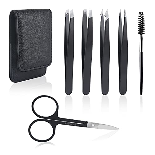 URAQT Pinzetten Set, 6tlg Augenbrauen Zupfpinzette Set mit Schräg Pinzette Spitze Pinzette Schere und Ledertasche Augenbrauenzupfen Set für Frauen und Männer von URAQT