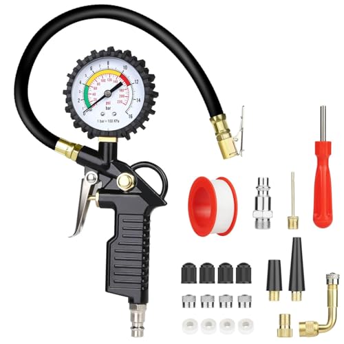 URAQT Reifenfüll-Messgerät, 220PSI Multifunktional Reifenfüller Reifendruckprüfer, Luftdruckprüfer mit Ventil Kern Werkzeug, Kompressor Zubehör I Reifendruck-Prüfer für Auto, Motorrad, Lkw uvm von URAQT