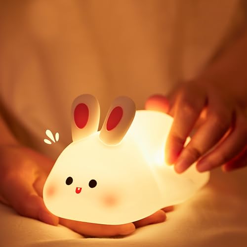 URAQT Silikon Nachtlicht Kinder,Kaninchen Led Nachttischlampe USB-Aufladung und Timing Funktion 1200mAh Kawaii Nachtlicht Baby mit Touch Schalter und 3 Stufige Helligkeitseinstellung Handyhalter Licht von URAQT