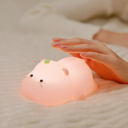 URAQT Silikon Nachtlicht Kinder,Schwein Led Nachttischlampe USB-Aufladung und Timing Funktion 1200mAh Kawaii Nachtlicht Baby mit Touch Schalter und 3 Stufige Helligkeitseinstellung Handyhalter Licht von URAQT