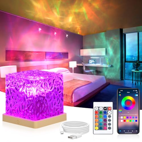 URAQT Sternenhimmel Projektor,30 Beleuchtungsmodi 16 Farben LED Nachtlicht Dimming Kristall Type C 1200 mAh Nachtlichtlampe mit Touch Steuerung Fernbedienung Wellenlampe APP Betriebssteuerung von URAQT