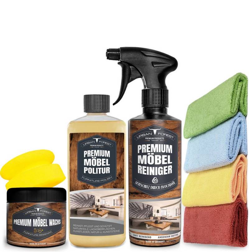 URBAN FOREST Möbelreiniger +Möbelpolitur á500ml+Möbelwachs 250ml+Schwamm+4Tücher Holzreiniger (5-St. Möbelreiniger+Möbelwachs+Möbelpolitur+Tücher+Schwamm) von URBAN FOREST