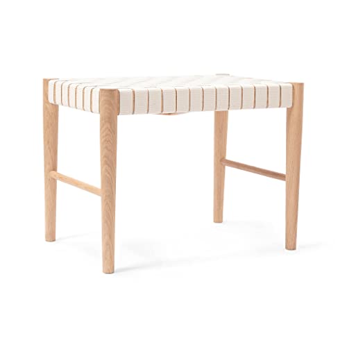 URBANARA Hocker Zenica - Hellgeöltes Eichenholz mit Baumwoll Geflecht Weiß, Handgefertigter Premium Stuhl Bank Holz Retro Sessel Balkon Garten Lounge von URBANARA