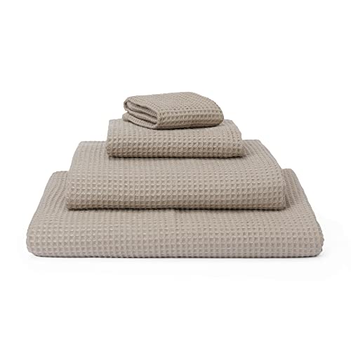 URBANARA Premium Gäste-Handtuch Set Kotra - 50% Leinen & 50% Baumwolle - 2er Set 30x50cm Handtücher, schnelltrocknend & fusselfrei Waffelpique Öko-Tex 100 - Beige & Elfenbein von URBANARA