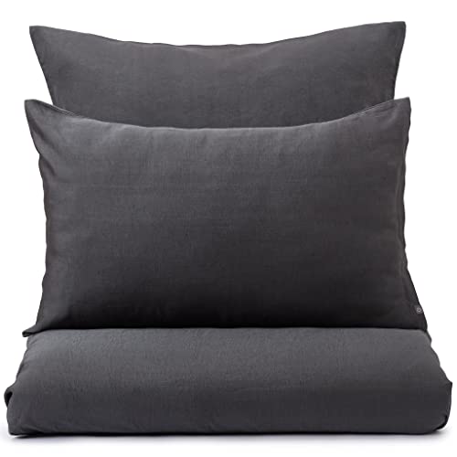 URBANARA Torreira Bettwäsche Set 135x200 cm + 80x80 cm I 60% Leinen & 40% Tencel™ Lyocell™ Made in Portugal I Nachhaltig & Hochwertig Oeko Tex Standard 100 I mit Reißverschluss I Anthrazit von URBANARA