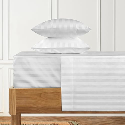 URBANHUT 100% ägyptische Baumwolle, Fadenzahl 1000, King-Size-Bettlaken-Set, Qualität (4-teilig), Luxus-Bettlaken für King-Size-Bett, Satingewebe, elastische Tiefe Tasche, weiß gestreift von URBANHUT