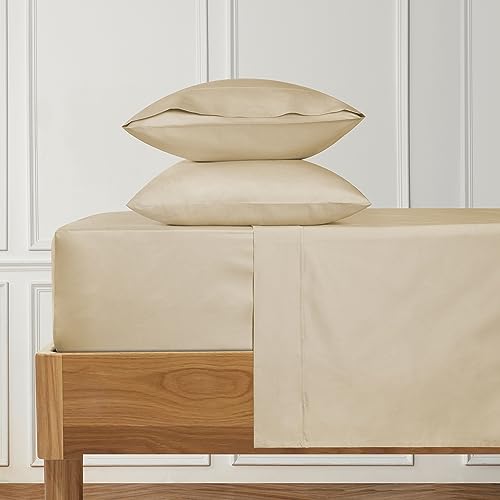 URBANHUT Bettlaken-Set mit Fadenzahl 400 (sandfarben, 4-teilig), 100 % Baumwolle, mit 38.1 cm elastischen tiefen Taschen im Vergleich zu ägyptischer Baumwolle, Queen-Size-Größe von URBANHUT