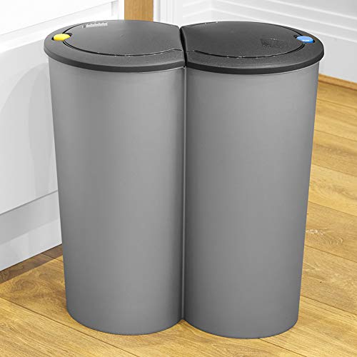 URBNLIVING Runder Duo Recycling-Abfalleimer, 2x25L, Grau, Kunststoff, Mülltrennung in der Küche von URBNLIVING